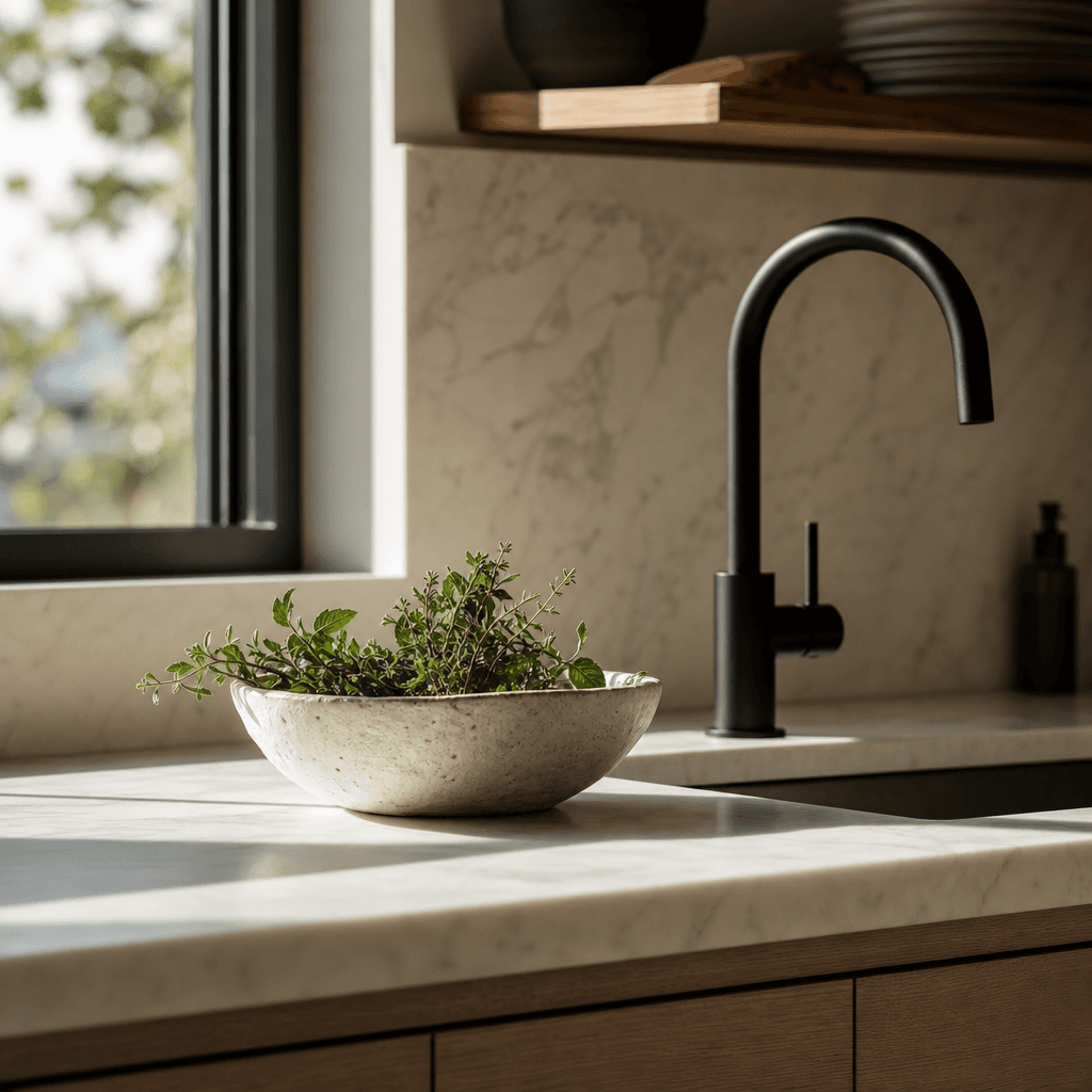 Contemporary kitchen vignette: matte black faucet above a honed Calacatta marble countertop, single handmade ceramic bow