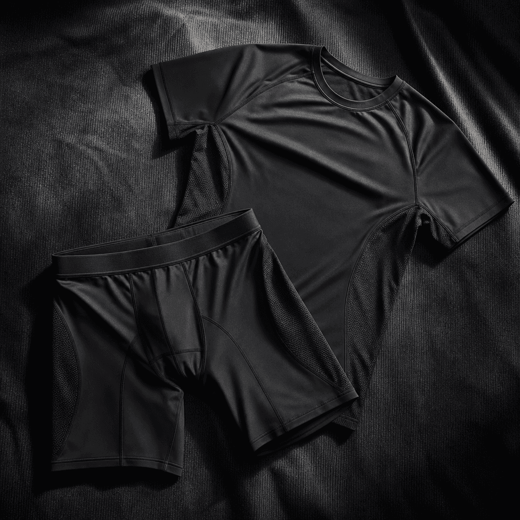 Cinematic product ad still: high-performance athletic compression shorts and training top in a precise flat lay on dark 