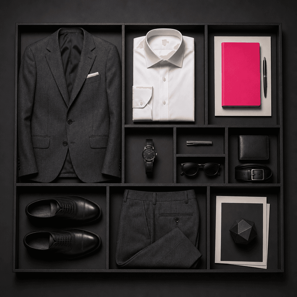 A minimalist weekday outfit composition with a tailored charcoal blazer, white shirt, structured trousers, leather shoes