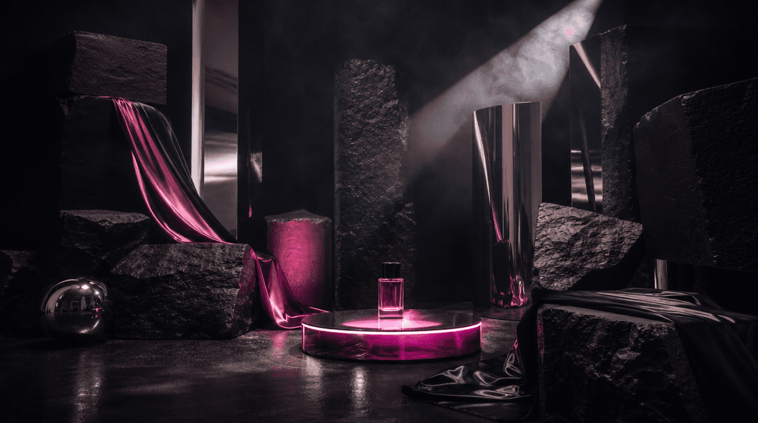 A surreal commercial set assembled from black stone blocks, satin, mirrored metal, and a glowing product pedestal, with 