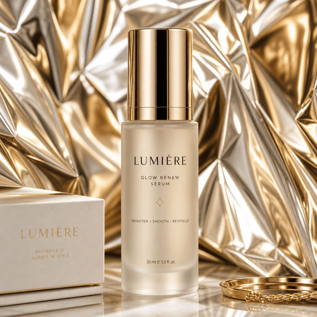 A skincare product elegantly presented against a shiny foil backdrop. The scene should be well-lit to accentuate the foi