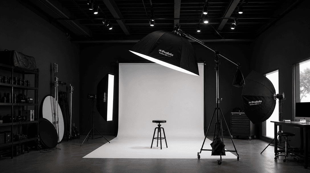 Professional photography studio interior. Large studio lights with soft modifiers, dark minimalist walls, sharp professi