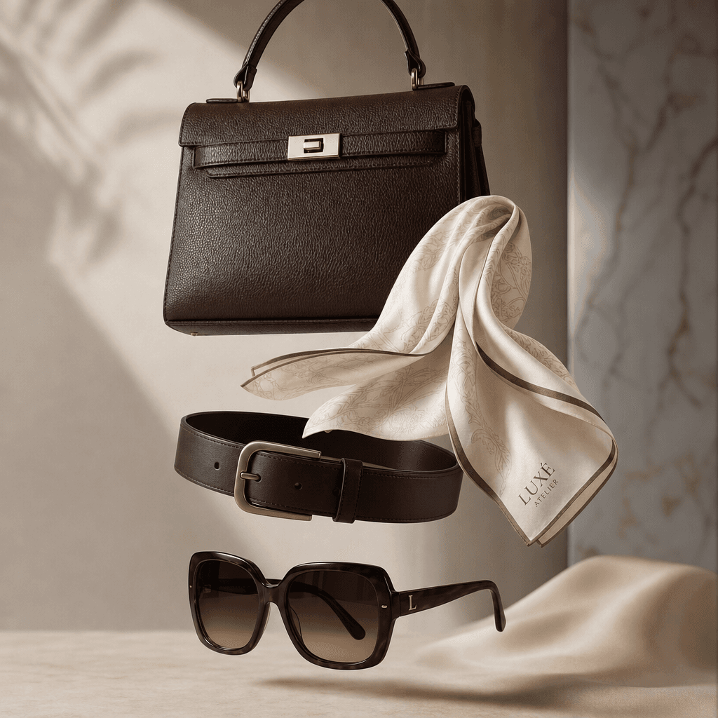 Fashion accessory cascade — chocolate leather handbag, cream silk scarf, brushed metal belt, oversized sunglasses appear