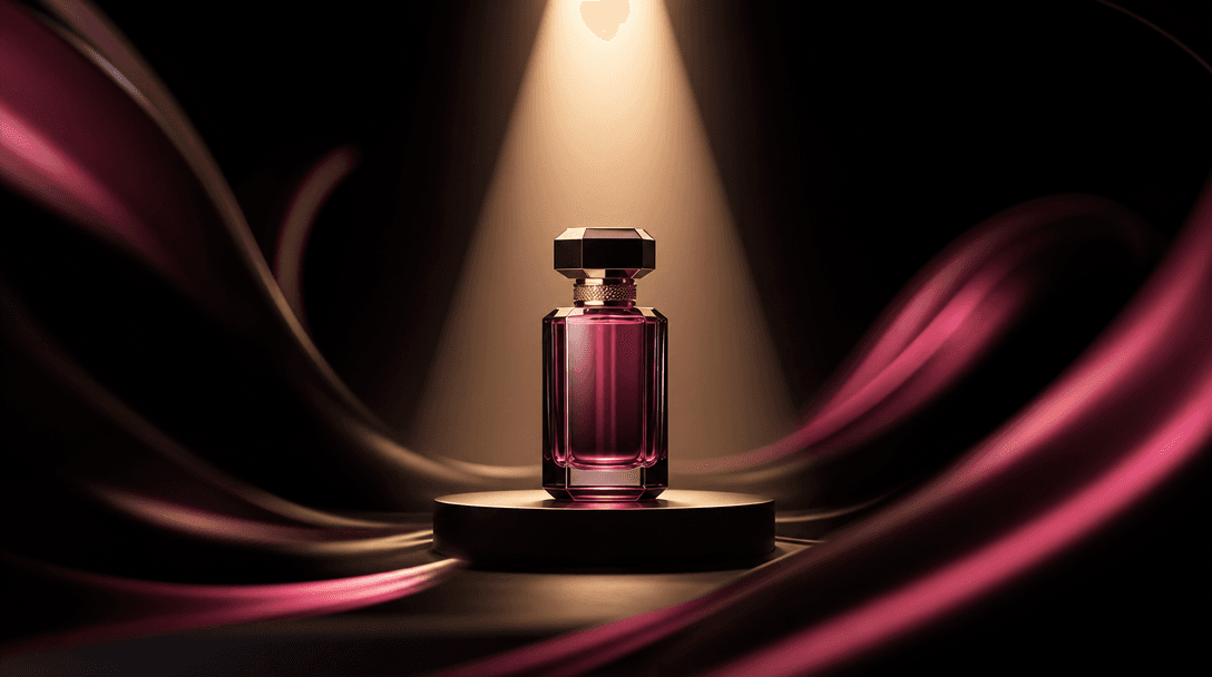 A single pristine product silhouette isolated inside a precise cone of warm studio light, surrounded by sweeping blurred