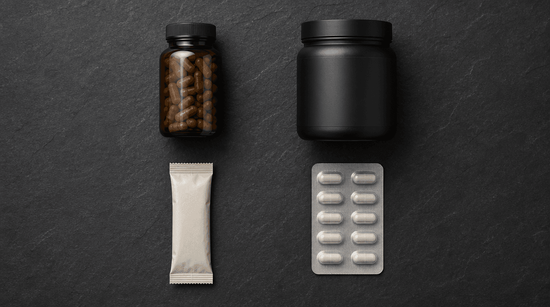 Overhead flat-lay editorial of four supplement products — a bottle, a tub, a sachet, and a blister pack — arranged in a 