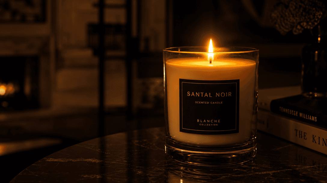 Dark interior scene with a single luxury candle lit and glowing warmly against deep shadows. Realistic flame flicker, wa