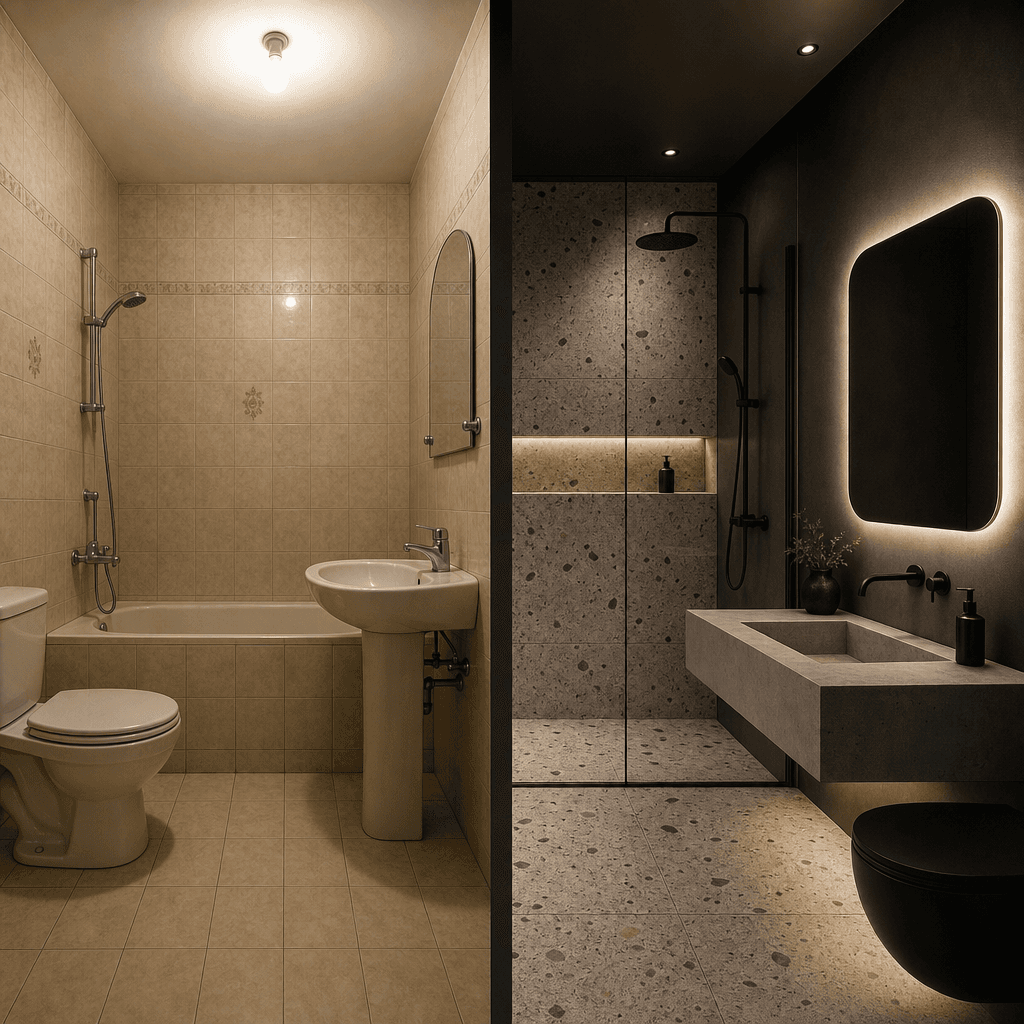 Editorial square bathroom transformation, split vertically. Left side: dated beige ceramic tile, chrome fittings, harsh 