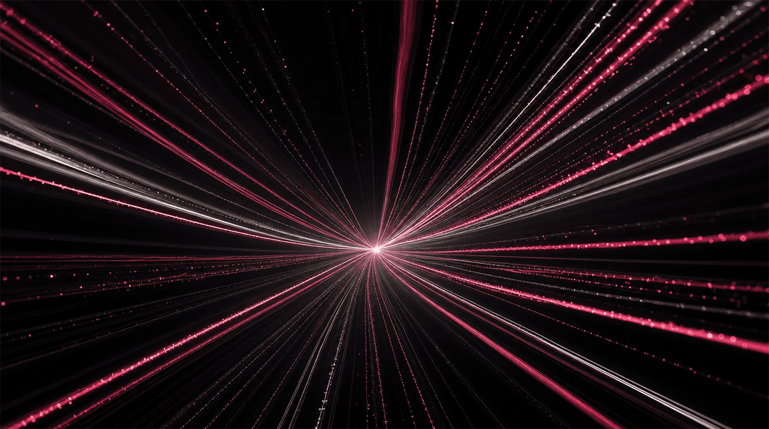 Abstract fine-art photograph: multiple luminous particle streams in hot pink and soft white converging to a single glowi