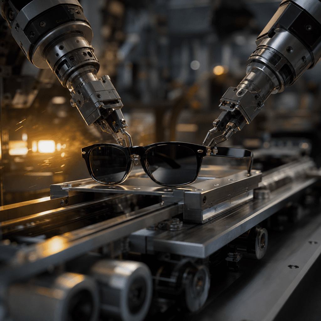 A sleek pair of sunglasses moving through a precision factory line with robotic grippers, brushed metal machinery, spark