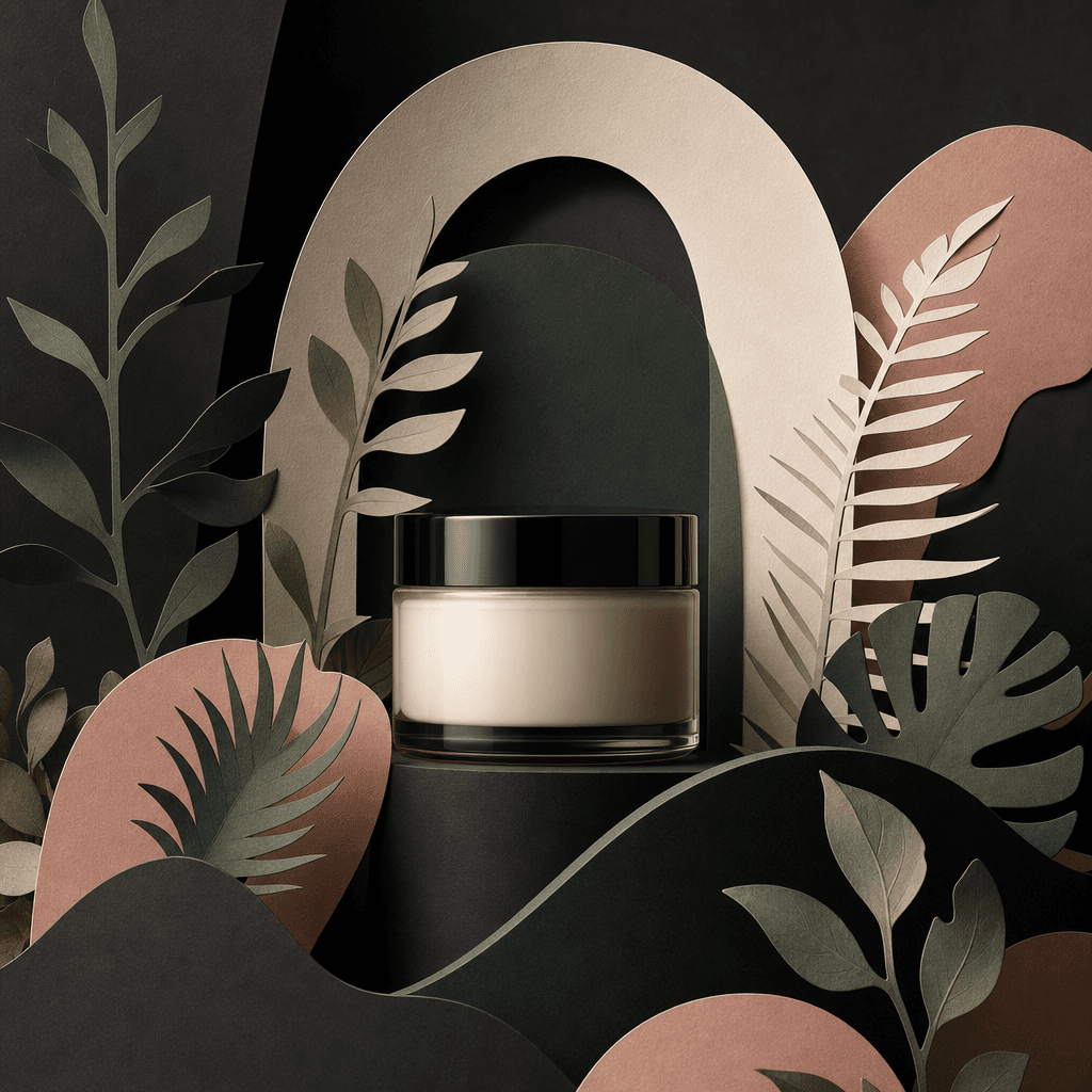 A minimalist skincare jar arranged inside layered botanical paper cutouts, cream, charcoal, muted sage, and blush materi