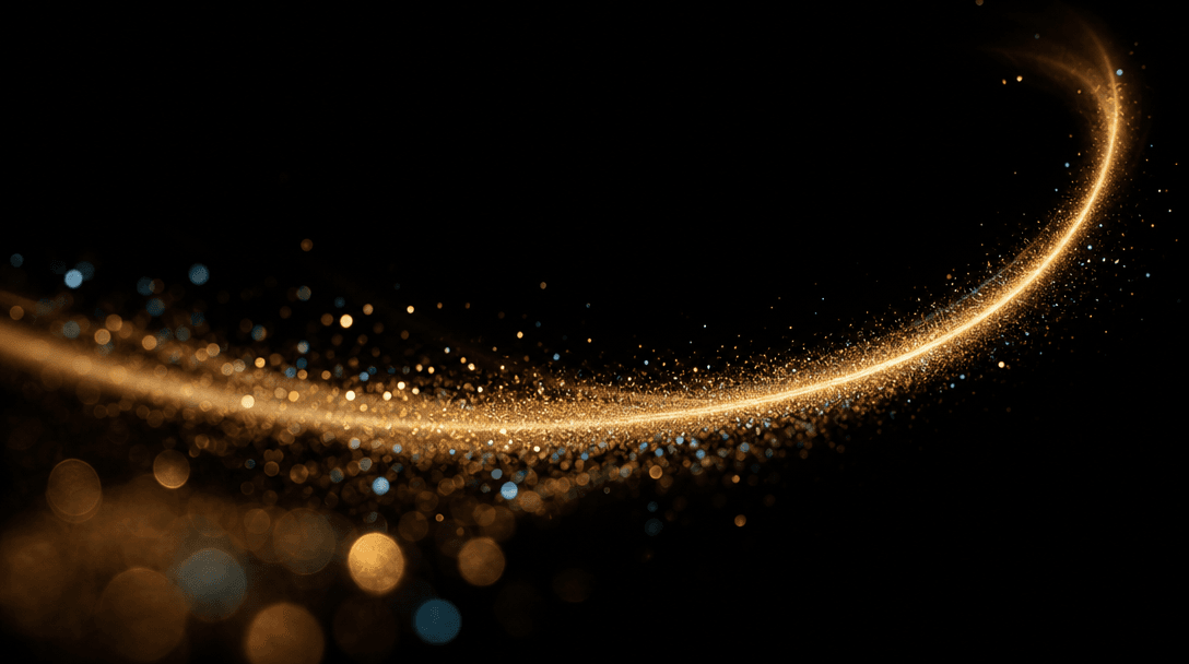 Abstract: a fine golden light trail arcing smoothly across a pure black canvas in a slow deliberate curve, mimicking the