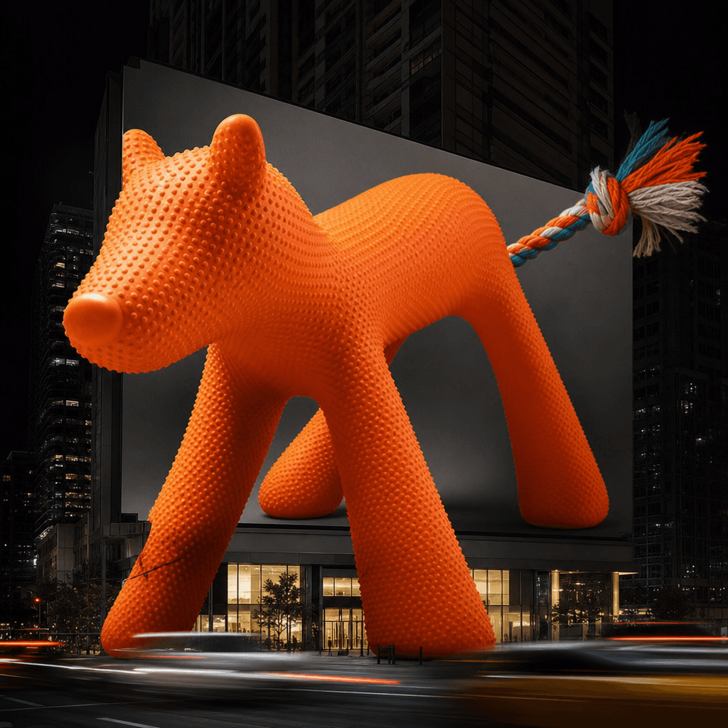 A brightly colored designer dog toy enlarged across a monumental city billboard, the toy extending beyond the screen fra