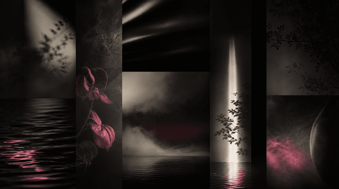 Abstract layers of mist, translucent botanical shadows, rippling water, and narrow beams of off-white light arranged lik