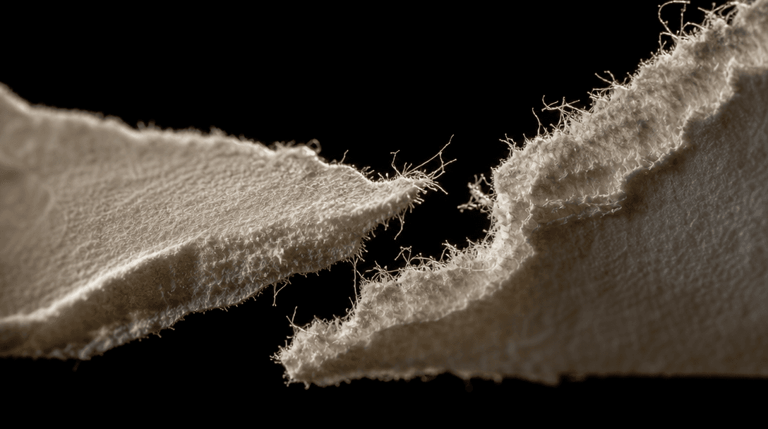 Extreme close-up macro of torn white paper edges in dramatic raking side-light. Pure black background. Sharp paper fiber
