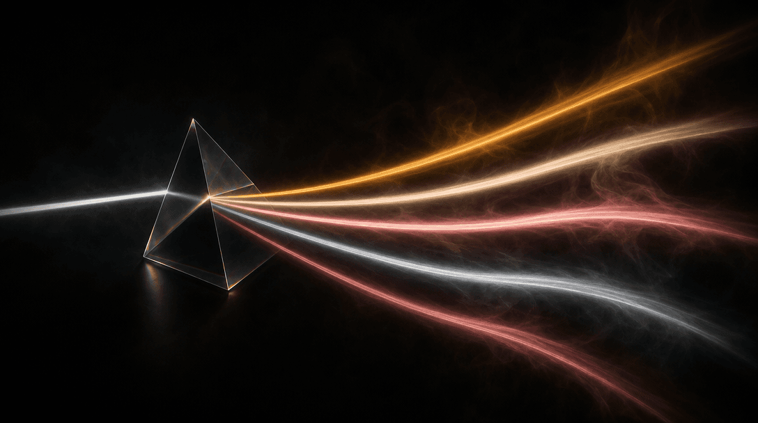 Abstract prism light split on deep dark background: a thin beam of white light enters from the left and fractures into f