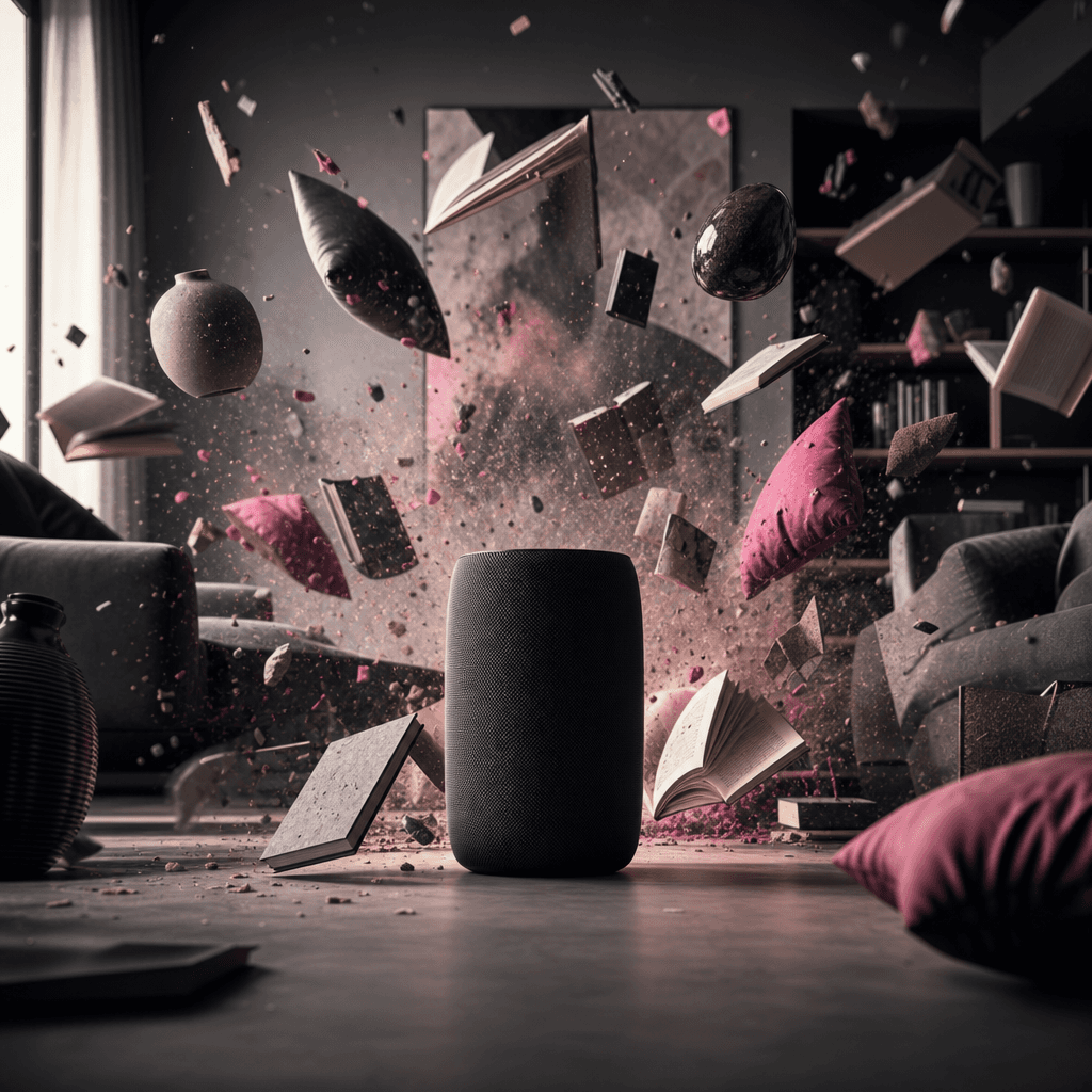 A sleek black wireless speaker as the calm hero in a modern living room disaster, books, cushions, and decorative object