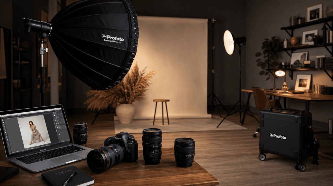 An atmospheric scene showcasing professional quality photography equipment and elegant studio setups. The lighting shoul