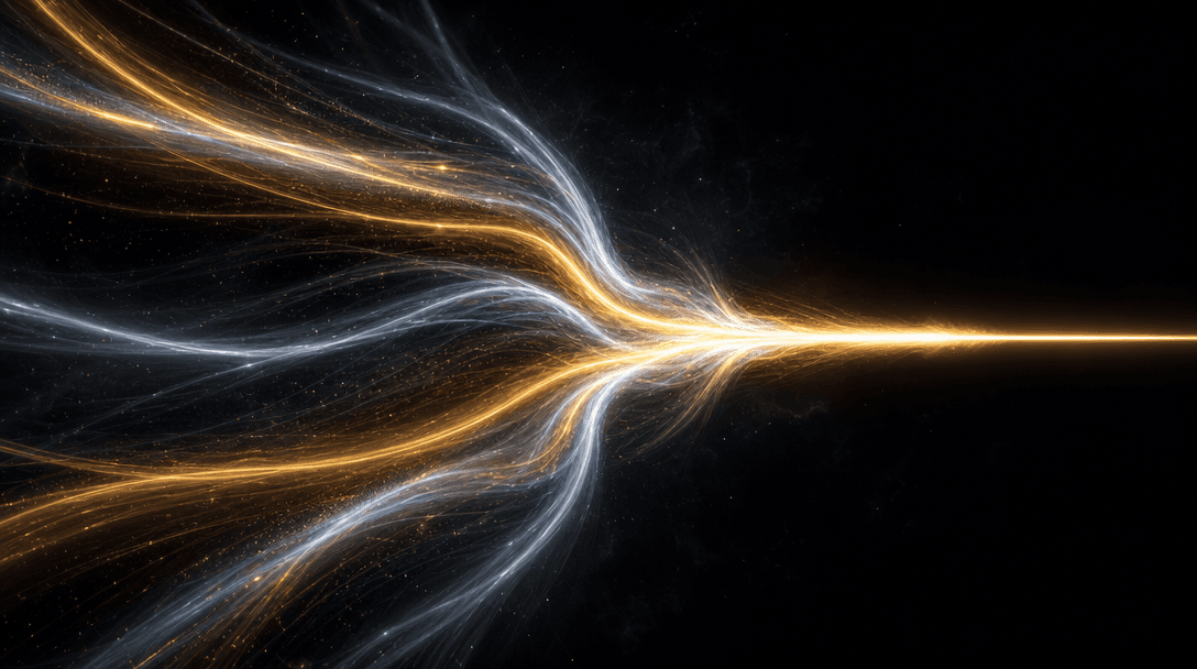 Abstract visual of multiple streams of light in deep dark space converging into a single sharp beam, representing multi-