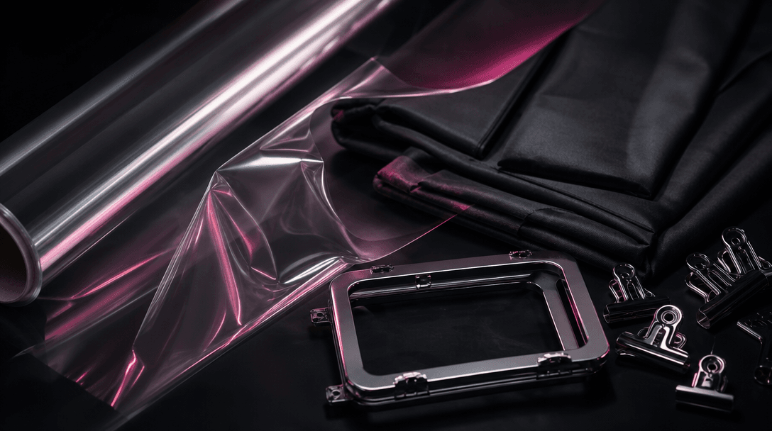 A meticulously arranged studio still life of transparent film, folded black fabric, chrome clips, and a rectangular seal