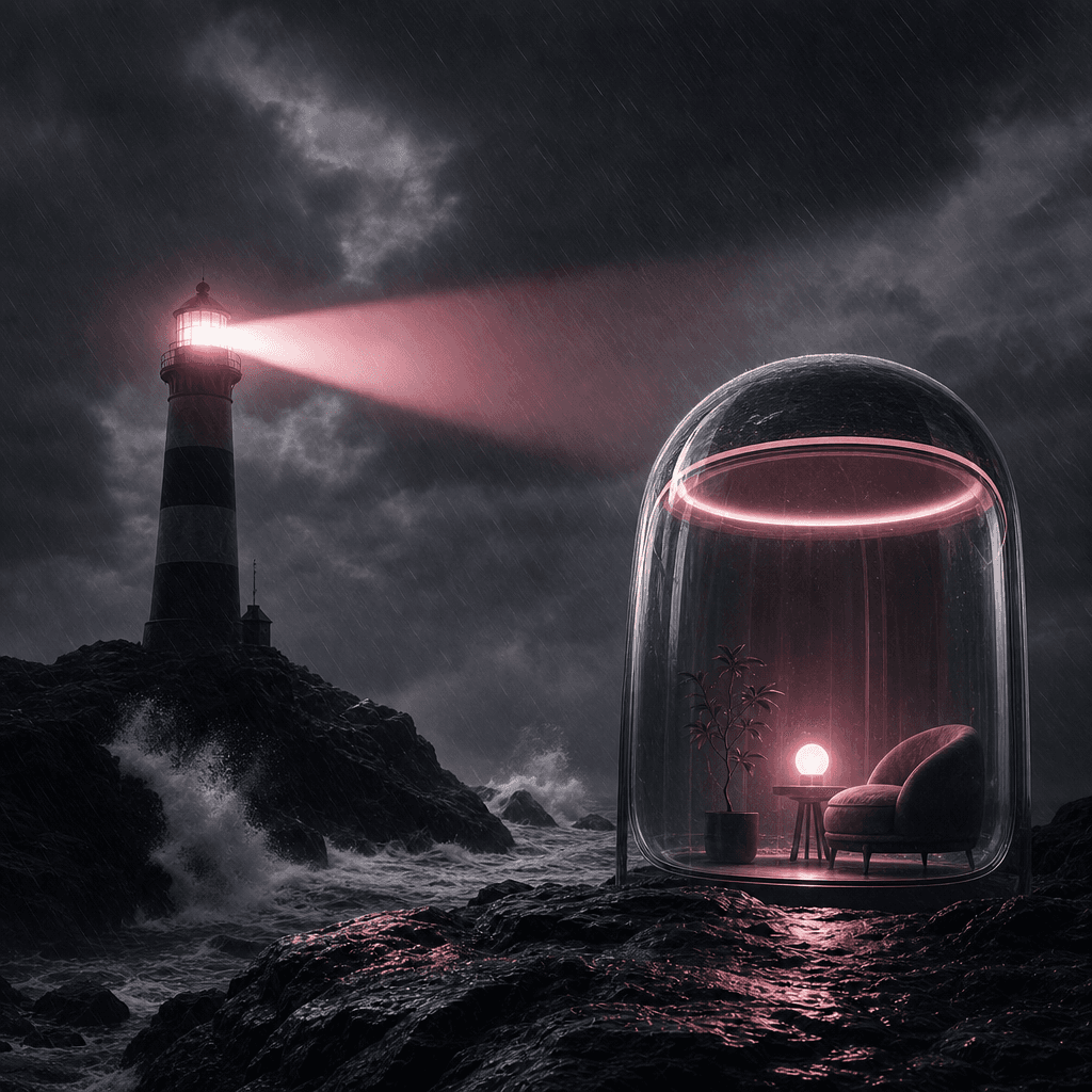 A square visual analogy comparing emotional resilience with a lighthouse standing through a powerful storm, the beam mir