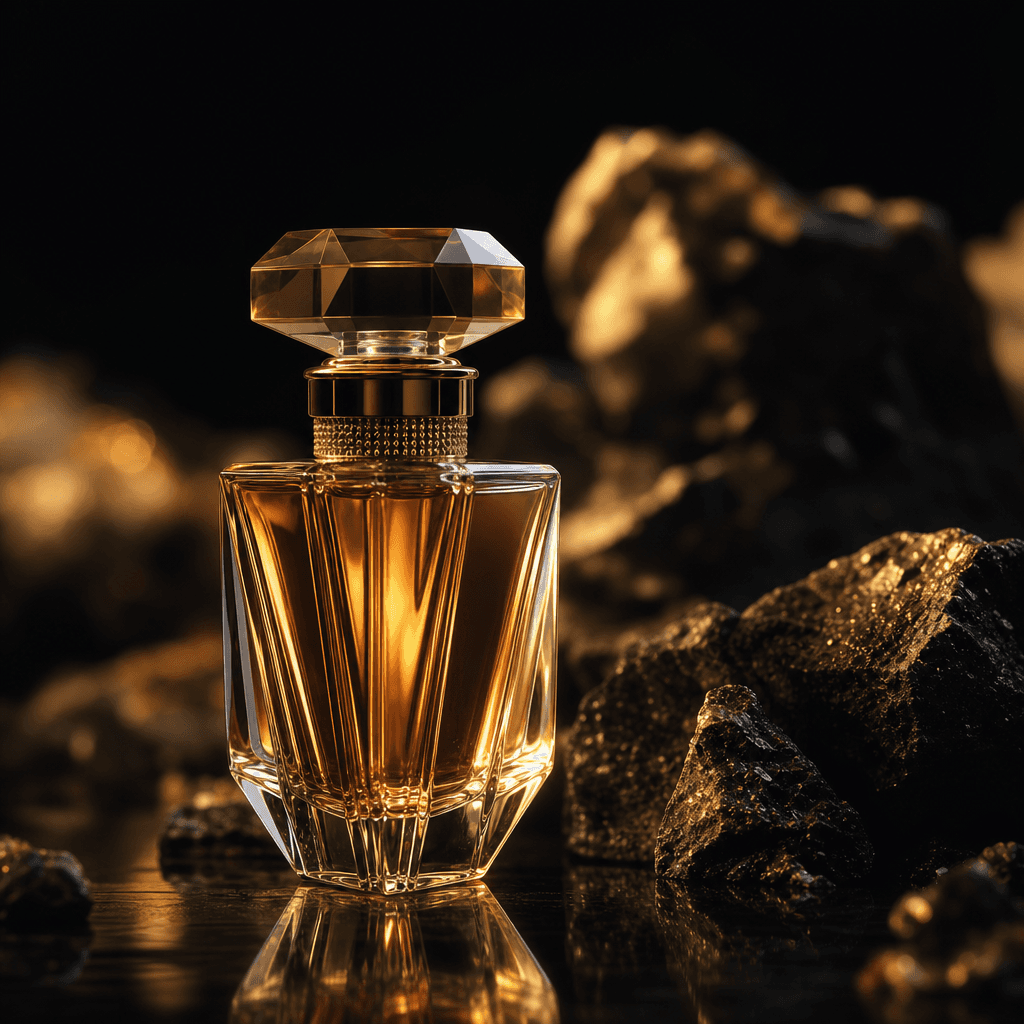 Cinematic product shot: a luxury perfume bottle on a reflective obsidian surface, warm golden rim light catching glass f