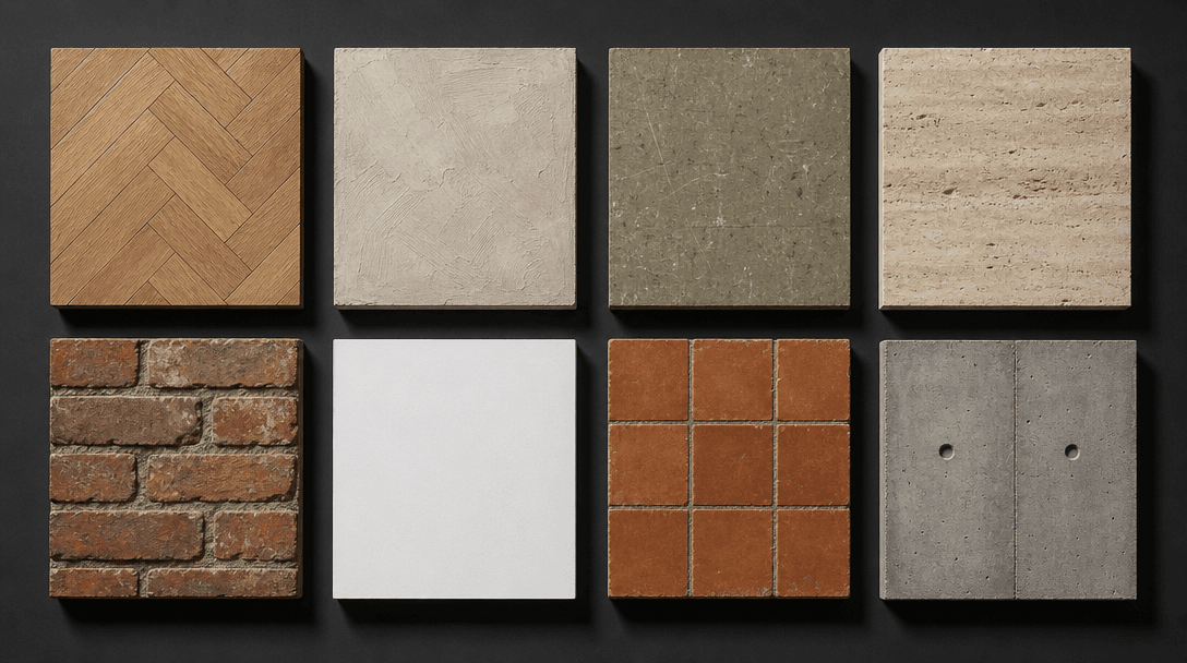 Studio grid of interior surface material swatches — herringbone oak, brushed plaster, worn linoleum, travertine, aged br