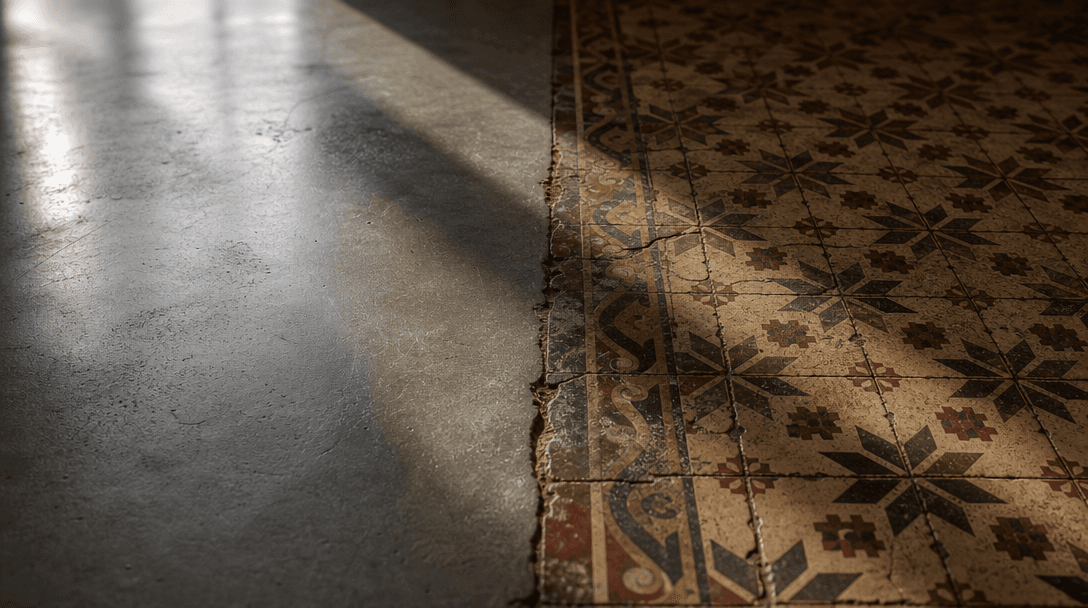 Cinematic floor-level detail shot: left half shows polished poured concrete, right half reveals worn Victorian encaustic