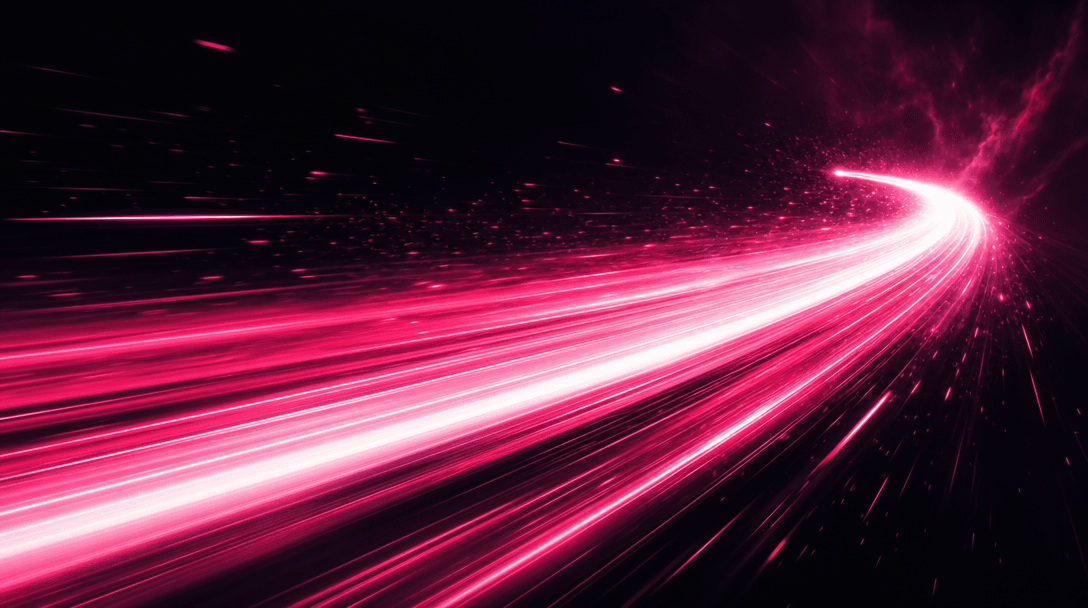 Wide cinematic abstract visualization. A bold curved light trail blazes across a deep near-black background at high velo