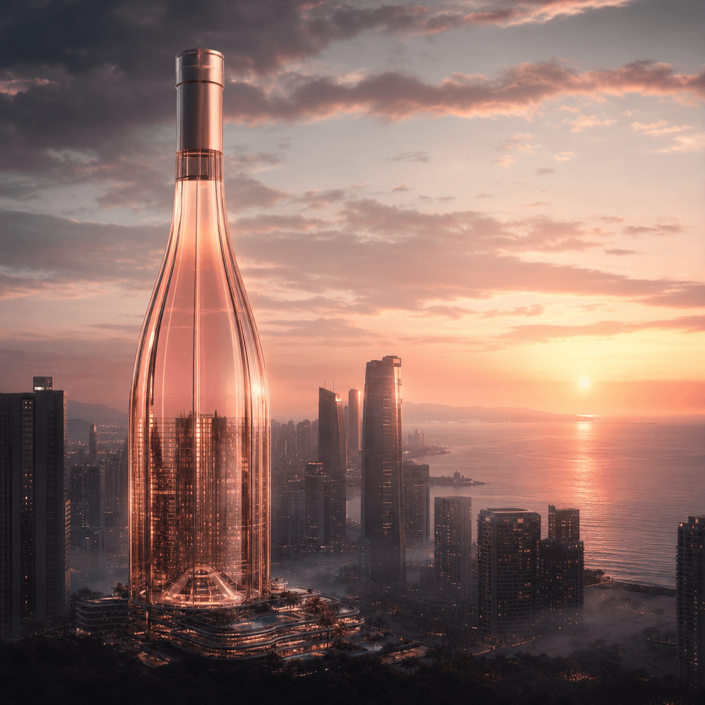 A rosé bottle reimagined as a luminous coastal skyscraper overlooking a sophisticated seaside city at sunset, pale pink 