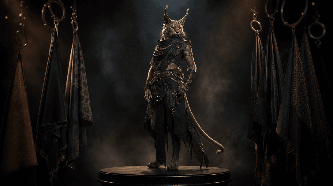 A finished anthropomorphic character silhouette on a black studio pedestal, surrounded by controlled rim lights, fabric 
