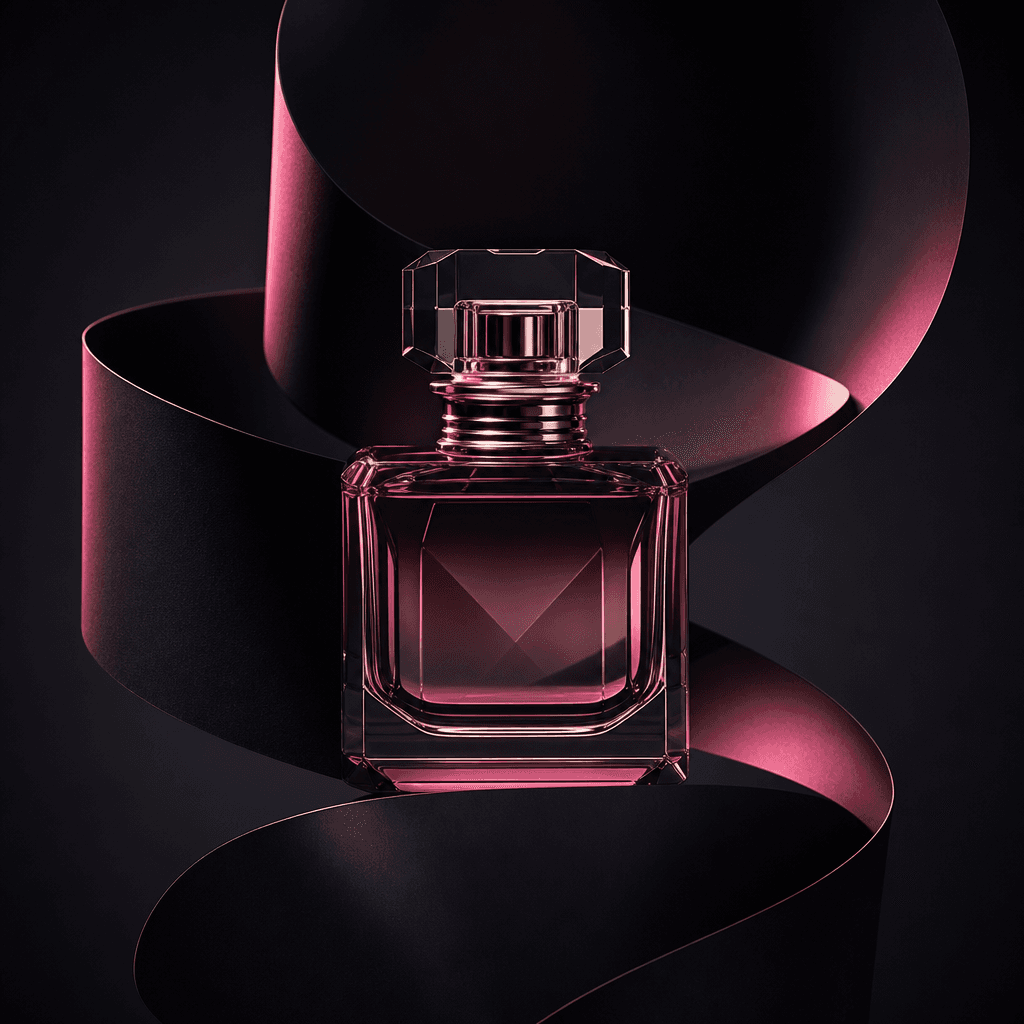 A luxury perfume bottle centered on a curling ribbon of matte black paper, the roll forming a dynamic spiral around the 