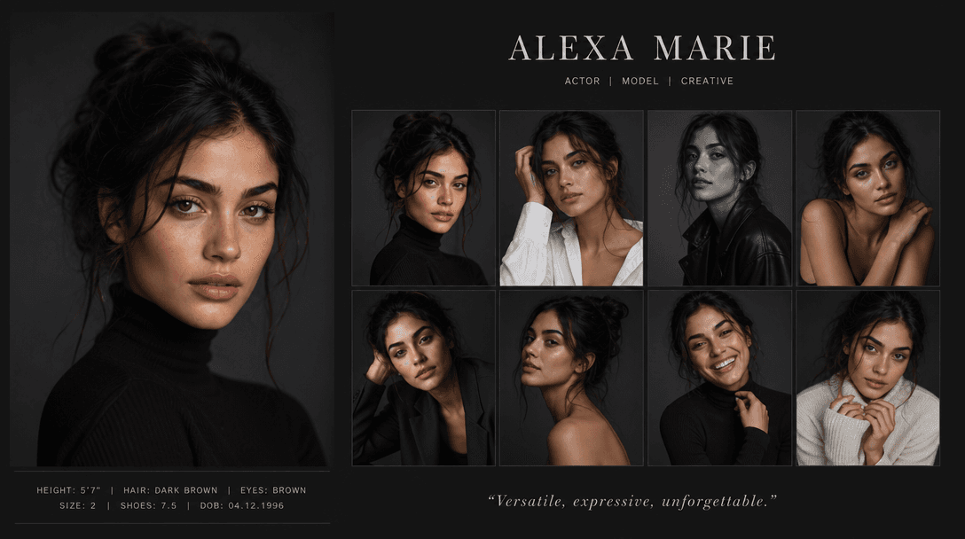 Portfolio-ready portrait collection, multiple poses showing range, professional presentation, portfolio layout visualiza