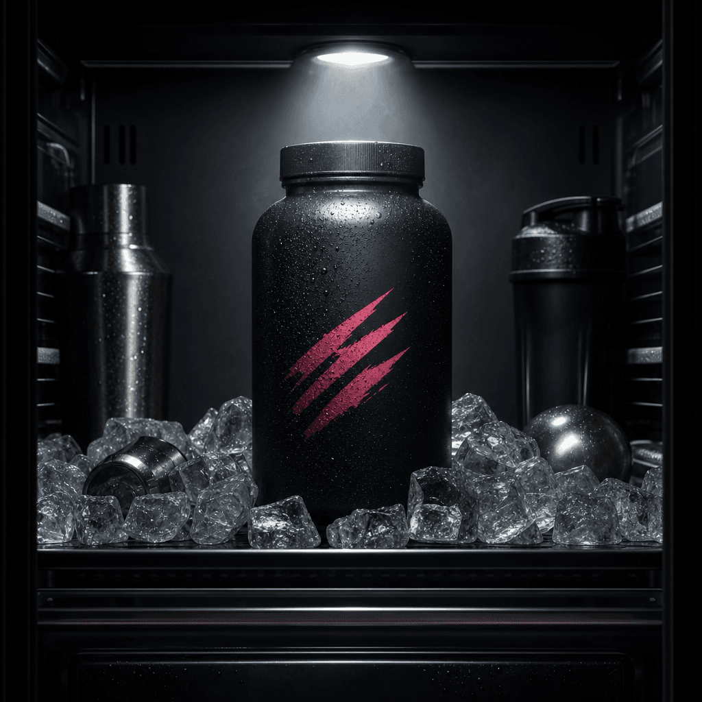 A matte supplement bottle inside a modern black refrigerator surrounded by ice cubes and subtle metallic accessories, dr