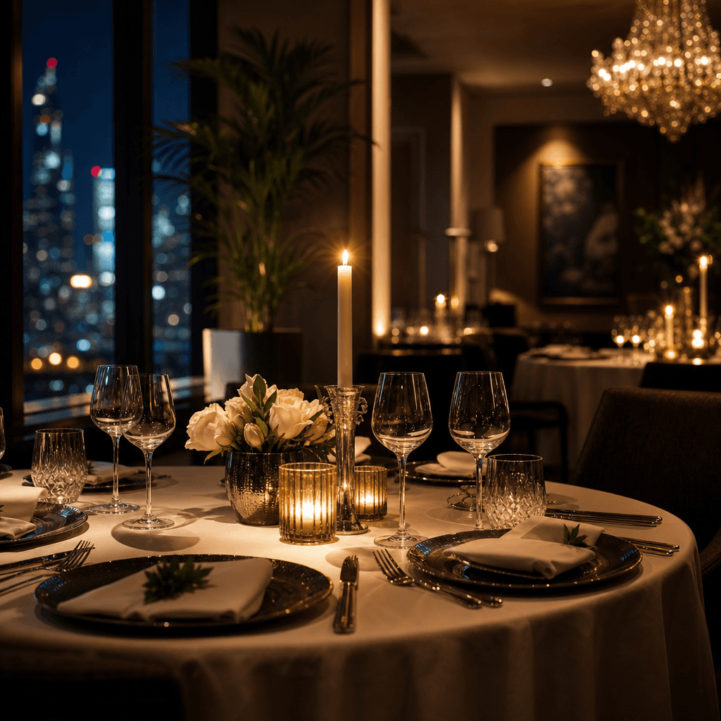 Fancy restaurant scene: elegant dinner table with fine dining setup, candlelight, upscale ambiance, sophisticated stylin