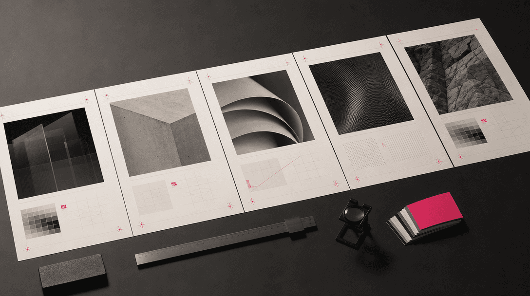 A precise sequence of premium company profile sheets extending across a dark studio table, consistent grid structures wi