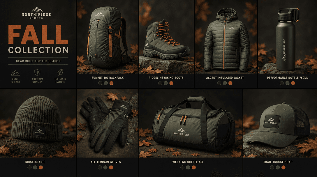 Grid of product variations. Multiple sports product shots in editorial grid format, all with matching seasonal color gra