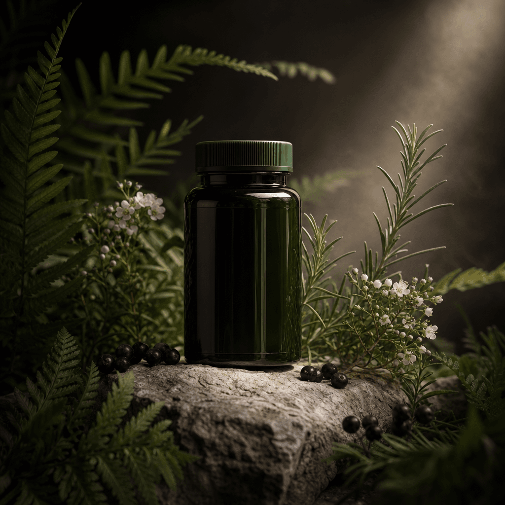 A dark green botanical supplement bottle on a rough limestone plinth, framed by ferns, rosemary, tiny white flowers, and