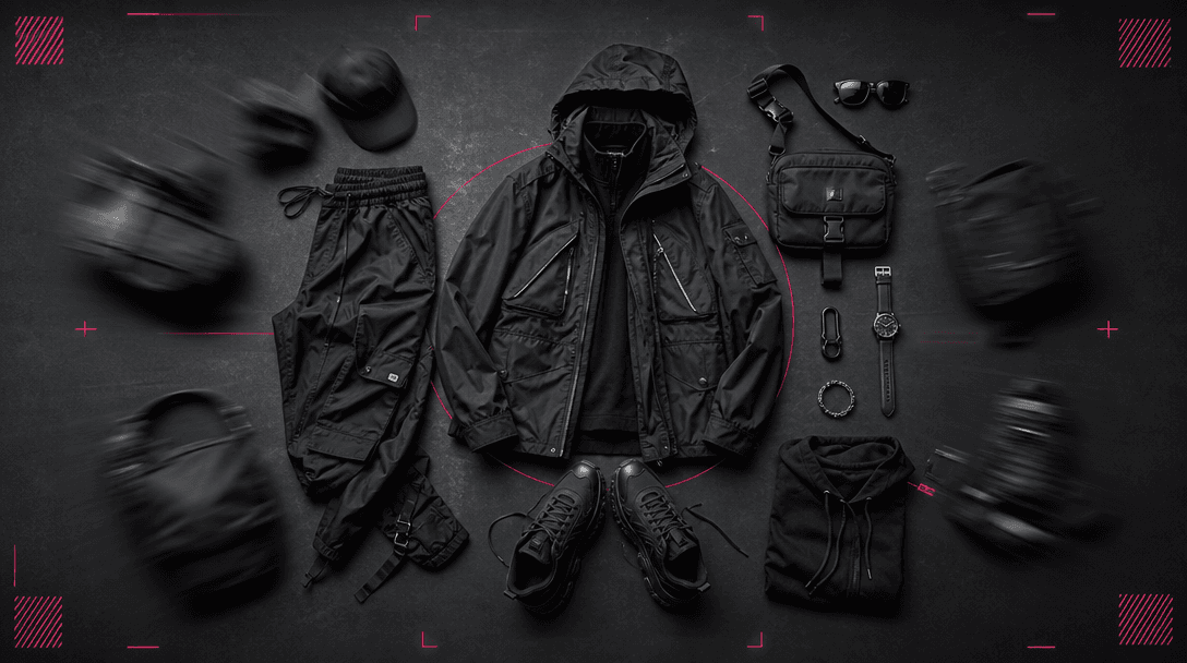 Individual garments and accessories moving into a balanced flat-lay composition across a deep charcoal studio floor, as 