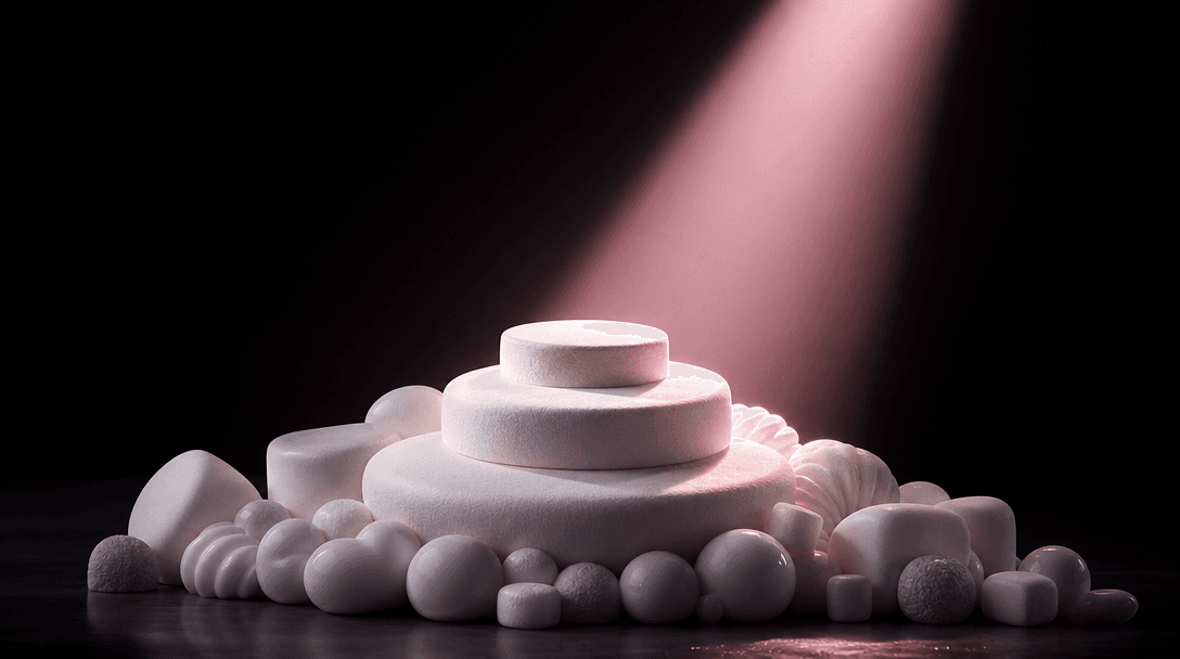 An abstract product pedestal formed from layered white marshmallow shapes, a single sharp beam of soft pink studio light