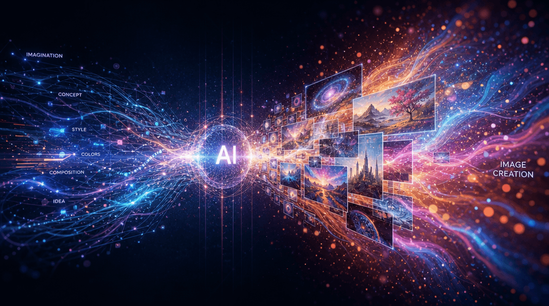 Abstract digital transformation visualization, flowing light particles and energy effects representing AI image creation
