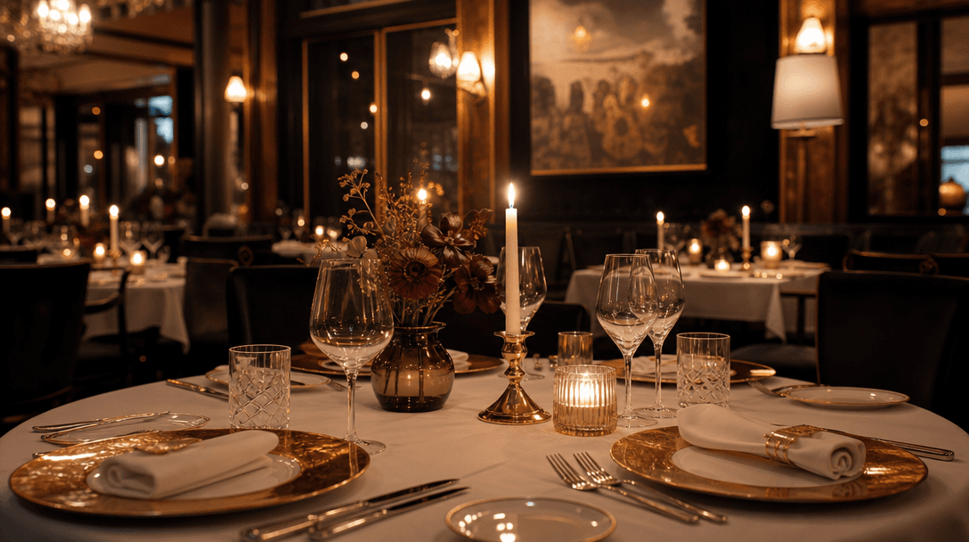Fine dining table setting with candles, soft warm lighting, elegant place settings, luxury restaurant interior, professi