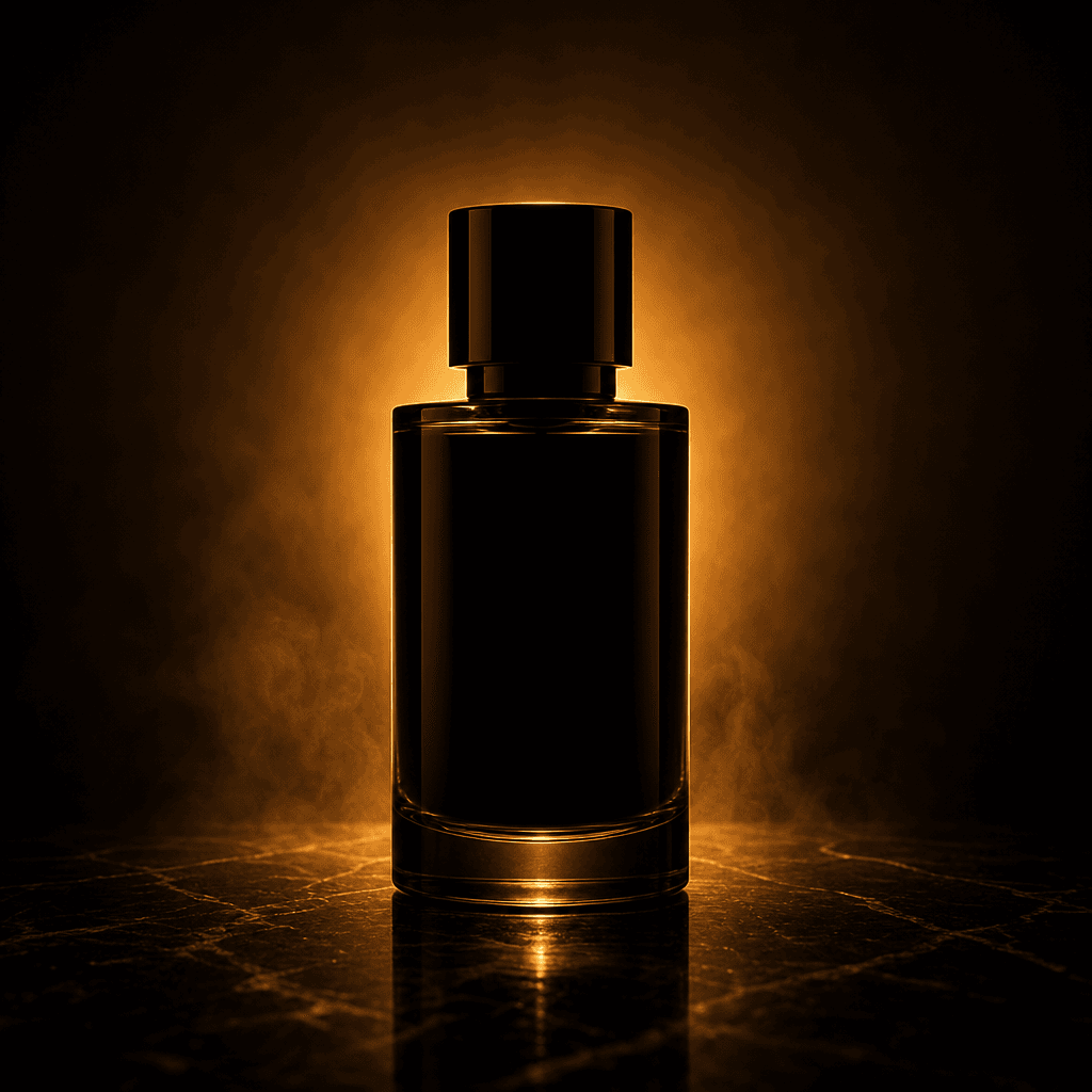 A cylindrical fragrance bottle in silhouette against a warm amber halo, with crisp edge lighting revealing the cap and g