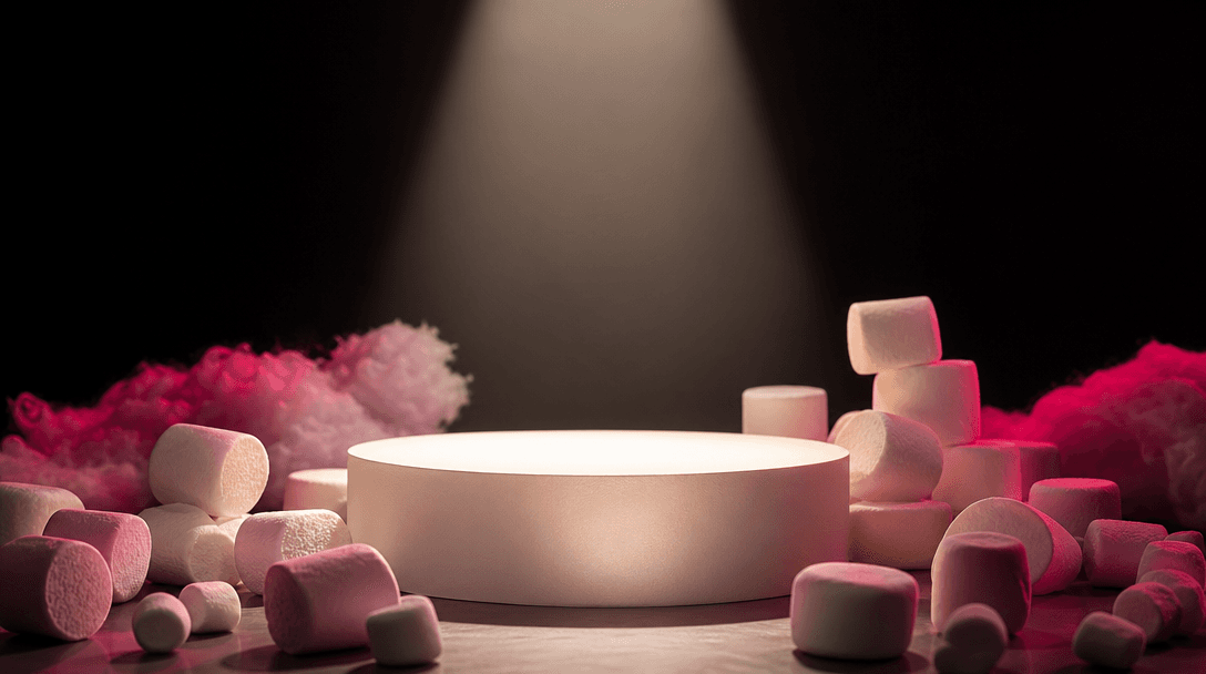 A finished beauty campaign set with a luminous empty product pedestal surrounded by carefully arranged marshmallows, sof