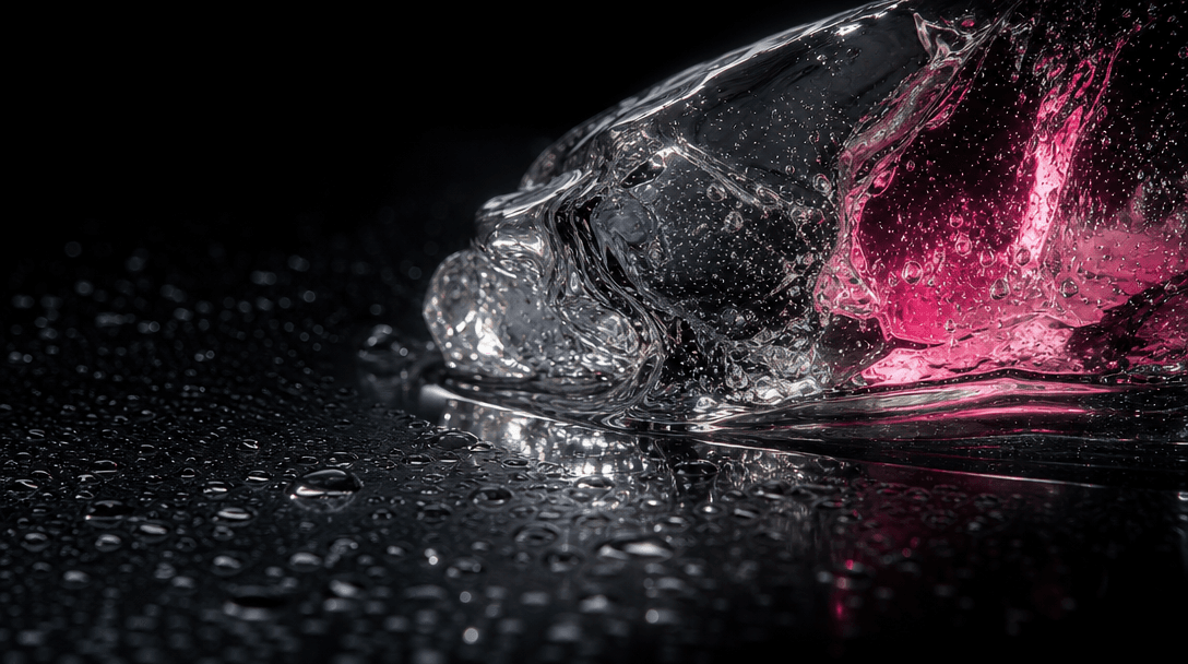Extreme macro study of melting ice pressed against glossy glass, tiny condensation droplets, bright specular highlights,