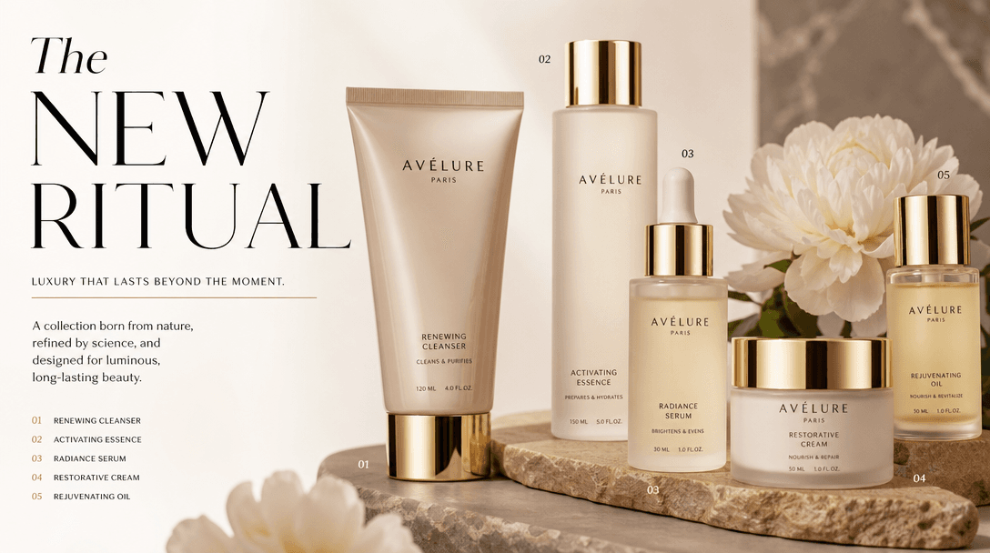 Curated editorial layout with multiple beauty products arranged artfully, magazine-quality composition, professional bea