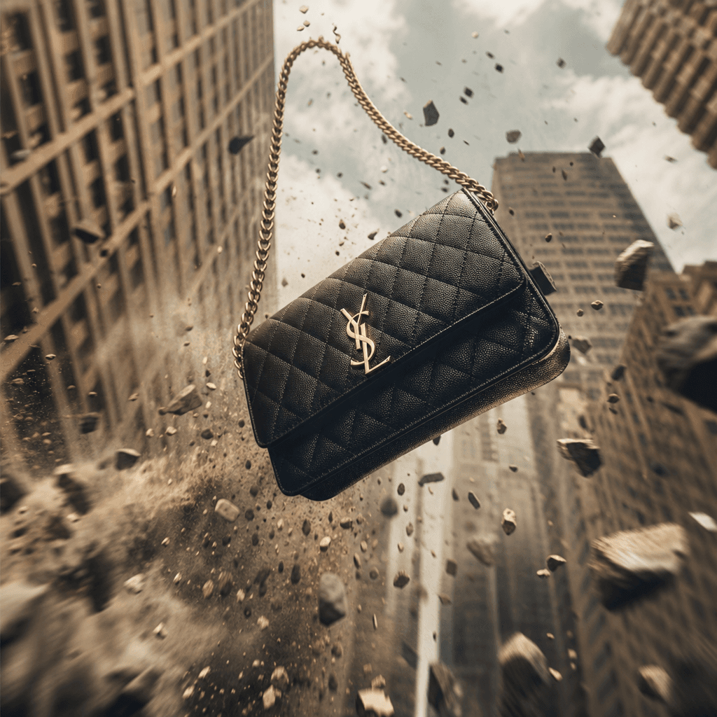Designer handbag surging upward through urban environment, debris particles, dynamic motion blur, fashion photography st