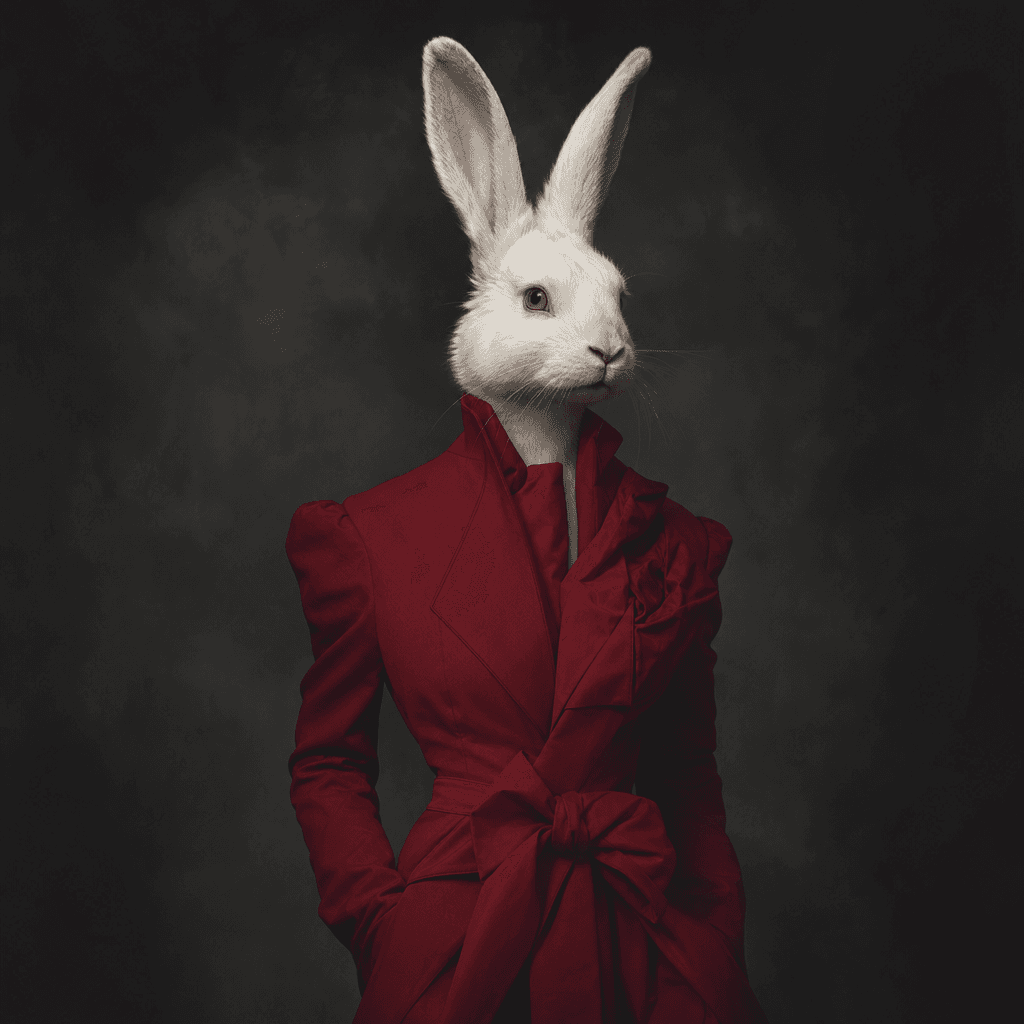 Anthropomorphic white rabbit person in structured crimson fashion, long ears and refined human posture, dramatic dark st