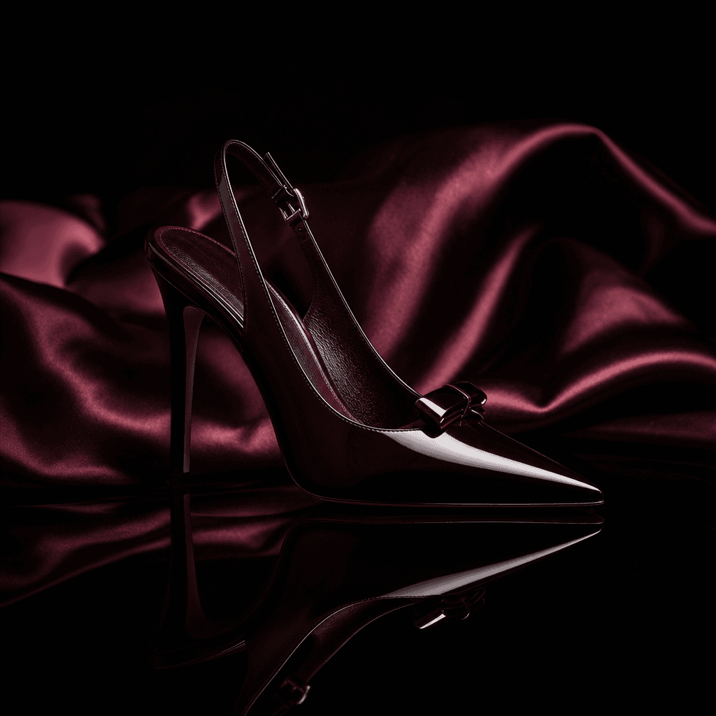 An elegant heeled shoe emerging from rippled burgundy satin into a mirror-like obsidian surface, dark editorial fashion 