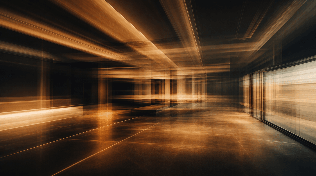 Abstract long-exposure architectural interior scene: ceiling beam lines, floor tile grout geometry, and window frame edg