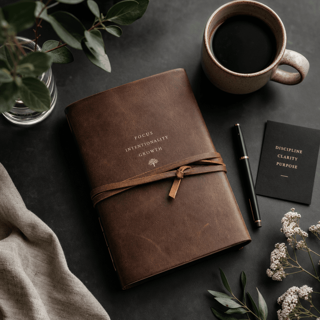 Lifestyle flat-lay of personal brand objects — a leather journal, ceramic coffee cup, and fresh botanicals — arranged on